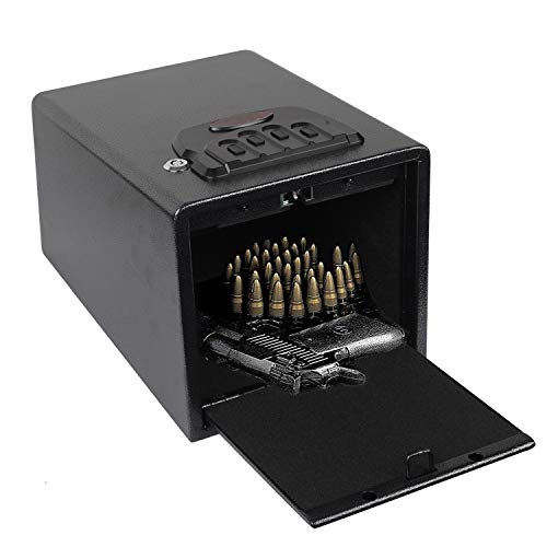 Electronic Gun Safe with Four-keypad&2 Emergency Keys&Rechargeable Battery Smart Quick Access Pistol Safe Storage Security Cabinet Q235 Carbon Steel Handgun Lock Security Box w/Pop-Open Door