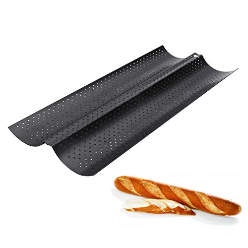 Baguette Pan, Perforated 2/3/4 Loaf French Bread Pans, Best Non-Stick Carbon Steel Baguette Baking Pan&Tray, 15-Inch L (2 Loaf)