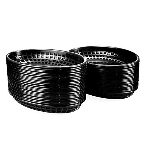 Kingrol 50 Pack Black Oval Fast Food Baskets, Plastic Storage Basket Bin, 8-7/8 x 5-5/8 Inches