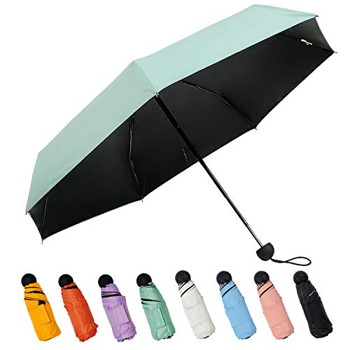 Lejorain Travel Mini Pocket Umbrella - Rain&Sun Portable UV Protection Parasol With Black Anti-UV Coating (Green)