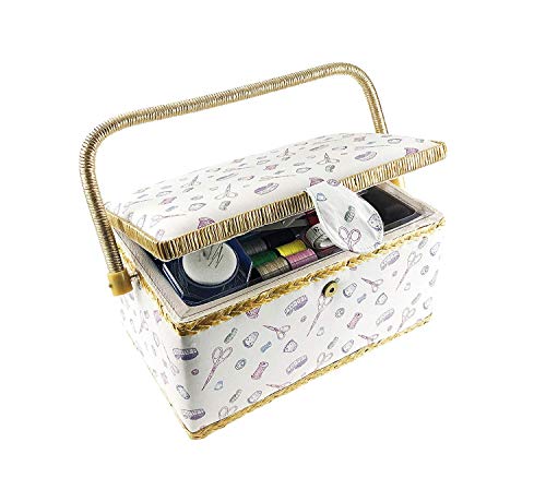 Classic Fabric Design Sewing Basket with Sewing Kit Accessories by Smartek, Sewing Box Organizer and Storage with Removable Tray, Built-in Pin Cushion (Large 10.8' x 6.6')