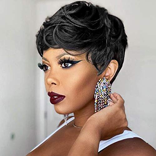 VCK Short Human Hair Wigs for Black Women Curly Pixie Cut Hair Wigs with Bangs Short Black Wigs for Women