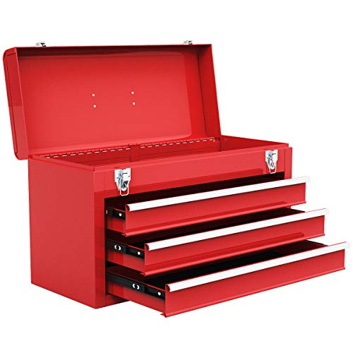 Goplus Tool Chest 20-Inch Portable Tool Box Steel Cabinet w/ 3 Drawers and Top Tray, Red