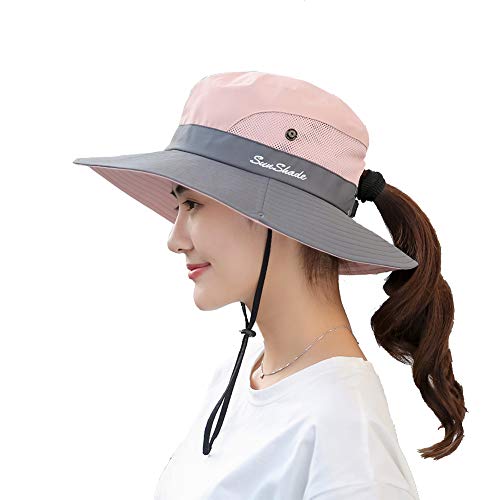 Womens UV Protection Wide Brim Sun Hats - Mesh Ponytail Cap Foldable Packable Travel Outdoor Hat (Pink)