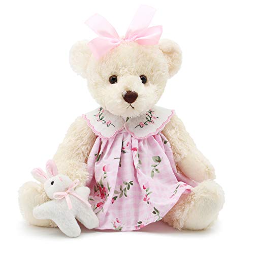 Oitscute Small Baby Teddy Bear with Cloth Cute Stuffed Animal Soft Plush Toy 10' (Pink Dress with Rabbit)