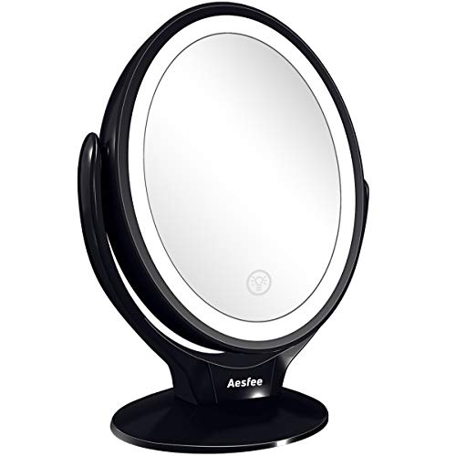 Aesfee LED Lighted Makeup Vanity Mirror Rechargeable,1x/7x Magnification Double Sided 360 Degree Swivel Magnifying Mirror with Dimmable Touch Screen, Portable Tabletop Illuminated Mirrors - Black