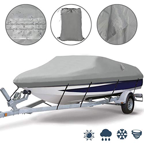 Ogrmar Heavy Duty Trailerable Waterproof Boat Cover with 2 Air Vent Marine Grade Polyester Boat Cover Fits V-Hull,Fishing Boat,Tri-Hull, Bass Boats,Pro-Style Cover (20FT-22FT)