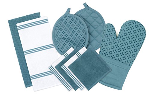 Sticky Toffee Silicone Printed Oven Mitt & Pot Holder, Cotton Terry Kitchen Dish Towel & Dishcloth, Blue, 9 Piece Set