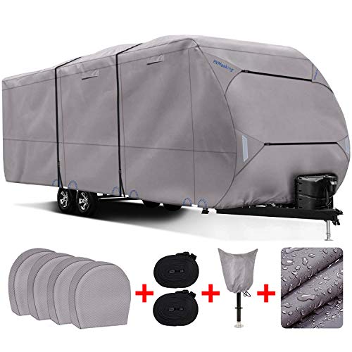 RVMasking Heavy Duty 300D Top Windproof Travel Trailer Cover for RV Camper Motorhome with 4 Tire Covers, Tongue Jack Cover, 31.7-34 ft