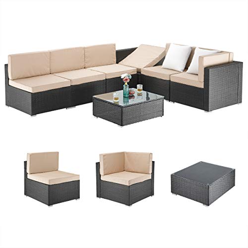 PAMAPIC 7 Pieces Patio Furniture，Outdoor Rattan Sectional Sofa Conversation Set with Tea Table and Washable Cushions, Beige