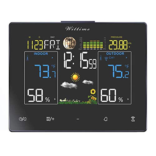 Wittime 2077 Weather Station, Wireless Indoor Outdoor Thermometer, Temperature and Humidity Monitor Gauge, Clock with Weather,Color Large Display, Alarm Clock and Moon Phase