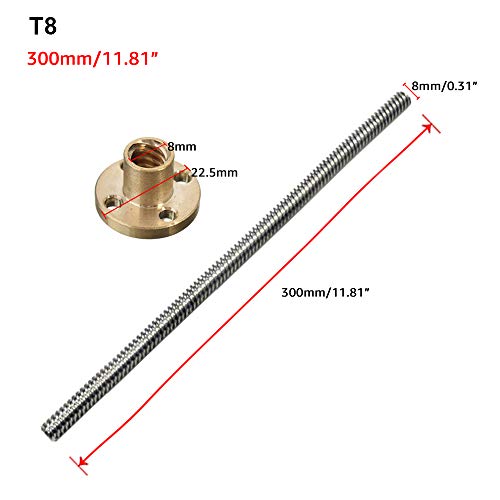 Boshen 1Pack 300mm 8mm T8 Trapezoidal Lead Screw Rod with 2mm Pitch 8mm Lead Copper Nuts for 3D Printer Z-axis Drive Screw Motor and Linear Slide