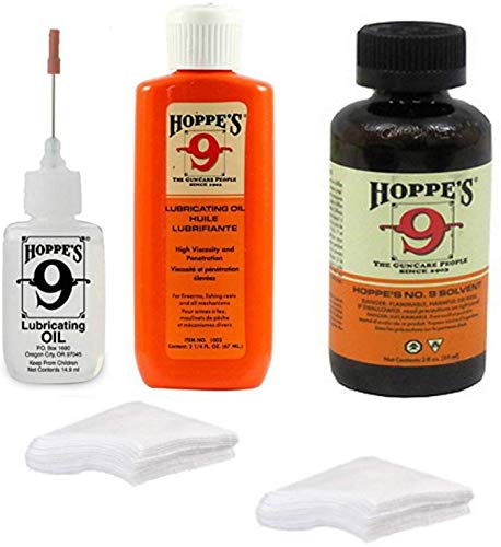 Hoppes 9 Elite Gun Cleaning kit - Gun Bore Cleaner and Lubricant Oil with 14.9 ML Precision Lubricator and 25-40 Patches for .38, 9mm.40.44 and .45 Caliber