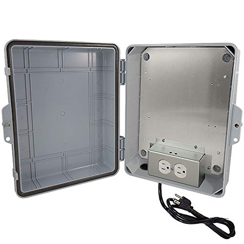 Altelix NEMA Enclosure 14x11x5 (9.5' x 8' x 4' Inside Space) Polycarbonate + ABS Weatherproof with Aluminum Equipment Mounting Plate, Pre-Wired 120 VAC Outlets, 5 Foot Power Cord