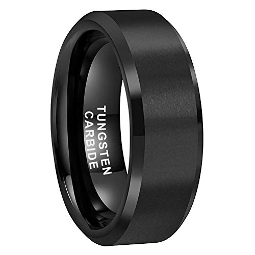 iTungsten 8mm Black Tungsten Carbide Rings for Men Women Wedding Bands Matte Finish Beveled Edges Comfort Fit