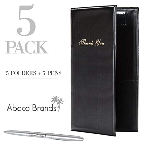 5 Pack Black Check Presenters + 5 Pens by Abaco Brands | Bar, Tab, Bill, Restaurant Guest Card Holder, 2 Large Pockets, Credit Card, Soft Padding - 5.5' x 10 (5) (5)