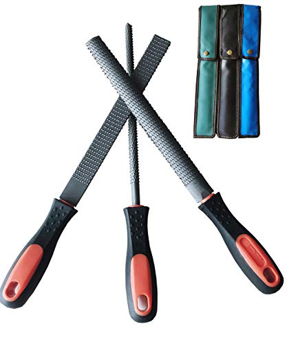 LK-World 8' Wood Rasp File Set with Rubber Grip - Includes Hand Cut Round, Half-Round, and Flat Rasp File Kit - Curved and Flat Tools(3 Pcs) The Color of Packing Bag is Random