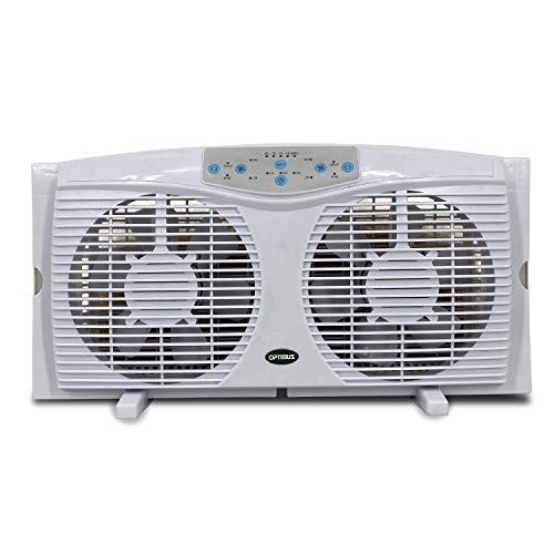 Optimus F-5286 Reversible Twin Window Fan with Thermostat and LED, 8-Inch, White