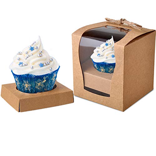 Cupcake Boxes Individual, 30pcs Cake Favor Boxes with Window, Single Insert, Burlap Twine, and Brown Ribbon 3.5 x 3.5 x 3.5 Inches Kraft Cupcake Boxes