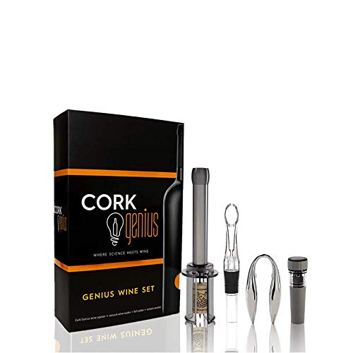 Cork Genius Wine Opener Set (4-Piece) with Wine Accessories - Includes Air Pump Bottle Opener, Bottle-Top Aerator, Wine Foil Cutter, and Vacuum Seal Wine Stopper - Premium Stainless Steel Materials