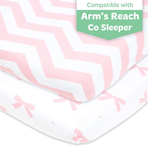 Cradle Sheets Fitted 18 x 36 – Compatible with Arms Reach Co Sleeper Clear Vue, Cambria, Mini Ezee Bassinets – Fits Without Bunching Mattress – Snuggly Soft Jersey Cotton – Pink – 2 Pack