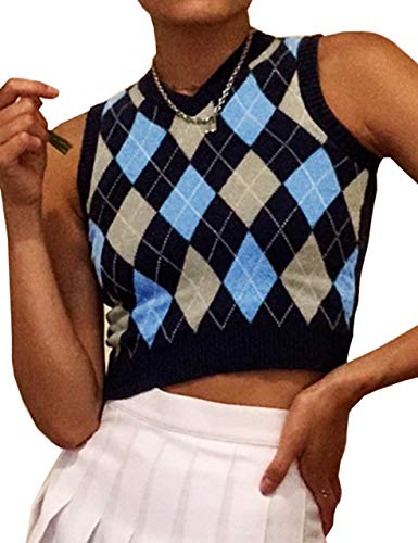 Grneric Women Argyle Preppy Style Y2K Sweater Vest Sleeveless V Neck Knitwear Knit Tank Top (S, Blue&Black)