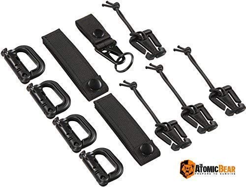 The Atomic Bear Kit of 11 Attachments for 1” Webbing Molle Bags, Tactical Backpack, Tactical Vest – 4 Grimlock Locking D-Ring Carabiner Clips – 4 Molle Elastic Strings – 2 Straps 4” MOD Tac Tie