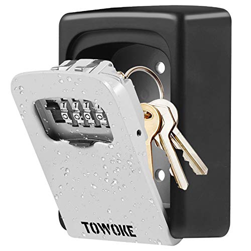 Key Lock Box Wall Mount - TOWOKE Waterproof Combination Key Safe Box for Outside, Zinc Alloy Key Storage Box with Resettable Code for House Spare Keys, 5 Key Capacity - Mounting Kit Included