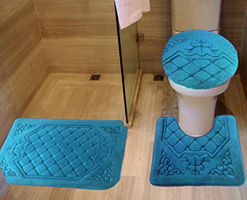 All American Collection 3PC Memory Foam Bath Mats Soft Plush Crown Design Anti-Slip Shower Bathroom Contour Toilet Lid Cover Rugs (Turquoise)