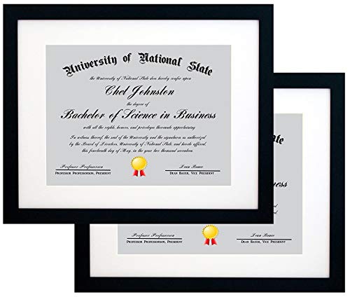 11x14 Black Certificate Document Frame Mat to 8.5x11 2-Pack - Two Frames - Wide Molding - Includes Attached Hanging Hardware and Desktop Easel - Display Certificates, Documents, Diploma, 11 x 14 Photo