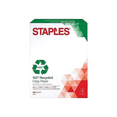 Staples Poly Wrapped 100% Recycled Copy Fax Laser Inkjet Printer Paper, 1 Ream - 500 Sheets, White