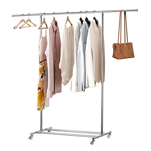 KINGSO Clothing Garment Rack with Wheels Heavy Duty Clothes Rolling Rack Commercial Grade Collapsible Clothing Rack Expandable Hanging Rod & Adjustable Bars Total Load Capacity 200LB Chrome