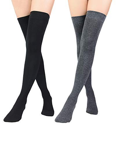 Zando Women Thigh High Socks Extra Long Thigh High Stockings Casual Over the Knee Socks Thin Stockings Long Thigh Highs Cosplay Tights Stockings Halloween Leg Warmers Black & Dark Grey One Size