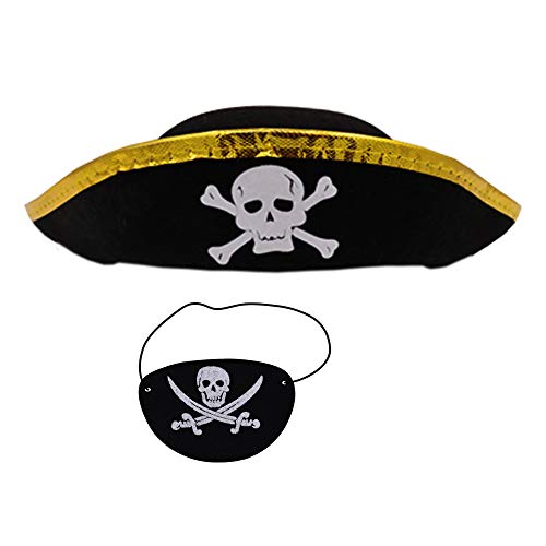 Pirate Hat Skull Print Pirate Captain Costume Cap with Eye Patches Pirate Eye Mask Kid Pirate Funny Party Hat for Caribbean Fancy Dress Pirate Party Cosplay Dress Up Theme Party Halloween - Black&Gold