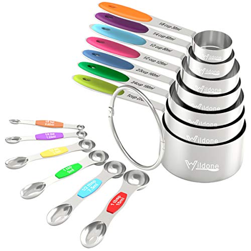 Measuring Cups Spoons Set - Wildone Stainless Steel Cups and Magnetic Measuring Spoons Set of 13, for Dry and Liquid Ingredients, including 7 Nesting Cups, 6 Spoons