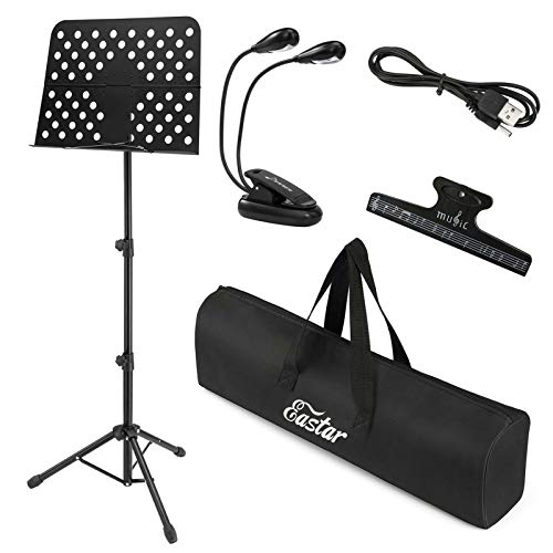 Eastar Metal Music Stand for Sheet Music -Extra-Wide Bookplate- Tall Projector Stand Podium Tripod Portable Foldable Piano Stand with LED Light Music Clip Carrying Bag EMS-1 Black 19'x13.7'Large Tray