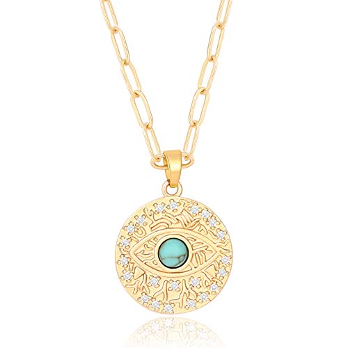 CZ Evil Eye Medallion Necklace 18k Gold Paper Clip Chain Coin Pendant Necklace Pave Turquoise Cubic Zirconia Protection Layering Jewelry for Women 18’’