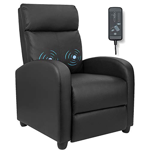 Furniwell Recliner Chair Massage Home Theater Seating Wing Back PU Leather Modern Single Living Room Reclining Sofa with Footrest (Black)