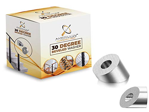 Stainless Steel 1/4' 30 Degree Angle Beveled Washer for 1/8' to 3/16' Deck Cable Railing Kit/Hardware, Marine Grade Wood/Metal/Aluminum Posts, DIY Balustrade (50 Pcs) + a Free Drill Bit. | AKERMON