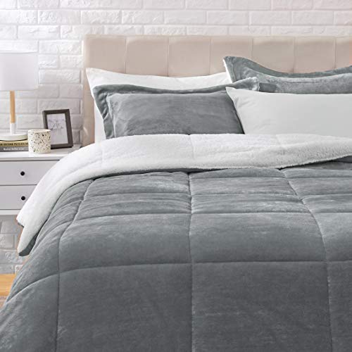 AmazonBasics Ultra-Soft Micromink Sherpa Comforter Bed Set, King, Charcoal - 3-Piece