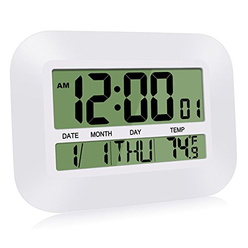 HeQiao Silent Desk Clocks Digital Wall Clock Simple Large LCD Alarm Clock with Temperature Calendar for Home Office (Ivory White)
