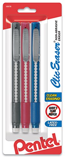 Pentel Clic Retractable Eraser with Grip, 3 Pack