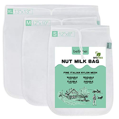 Bellamei Nut Milk Bag Reusable 3 Pack 200 Micron Nut Bags For Almond/Soy Milk Greek Yogurt Professional for Cold Brew Coffee Tea Beer Juice Fine Italian Nylon Mesh