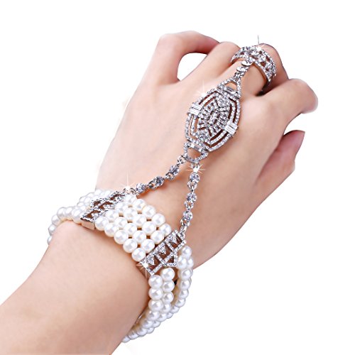 Coucoland 1920s Flapper Bracelet Ring Set Roaring 20s The Great Gatsby Austrian Crystals Imitation Pearl Bracelet Accessory (Silver)