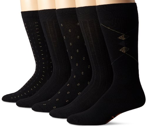 Dockers Men's Classics Dress Dobby Crew Socks (5 & 10, Black (5 Pairs), Shoe Size: 6-12