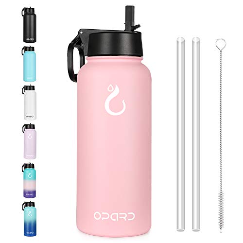 Opard Stainless Steel Water Bottle, 32 oz Vacuum Insulated Double Walled Leak Proof Sports Water Bottle with Straw for Gym Travel Camping (Pink - fixed straw)