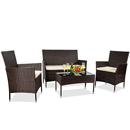 MIERES Patio Furniture Sets 4 Pieces-Sturdy Wicker Outdoor Indoor Conversation Bistro |304 Metal Feet | Bench Seat Two Rattan Chairs One Glass Top Table |for Porch Backyard, Brown