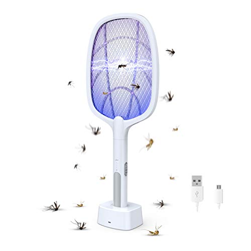 Bug Zapper, Mosquito Killer Mosquitoes Lamp & Racket 2 in 1, USB Rechargeable Electric Fly Swatter for Home and Outdoor Powerful Grid 3-Layer Mesh