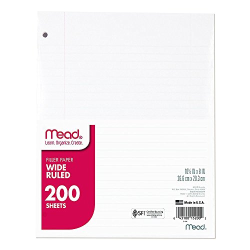 Mead Loose Leaf Paper, Wide Ruled, 200 Sheets, Standard 10-1/2' x 8', Lined Filler Paper, 3 Hole Punched for 3 Ring Binder, Writing & Office Paper, College, K-12 or Homeschool, 1 Pack (15200)