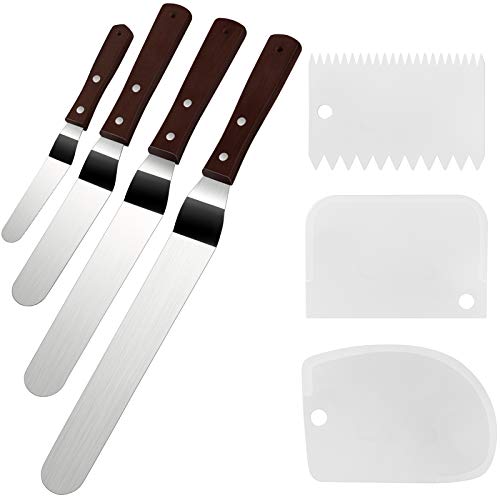 Cake Icing Spatula Set of 4 Packs(10'+8'+6'+4') and Cake Smoother Scraper Set of 3 Packs, Professional Stainless Steel Offset Spatula with Wooden Handle